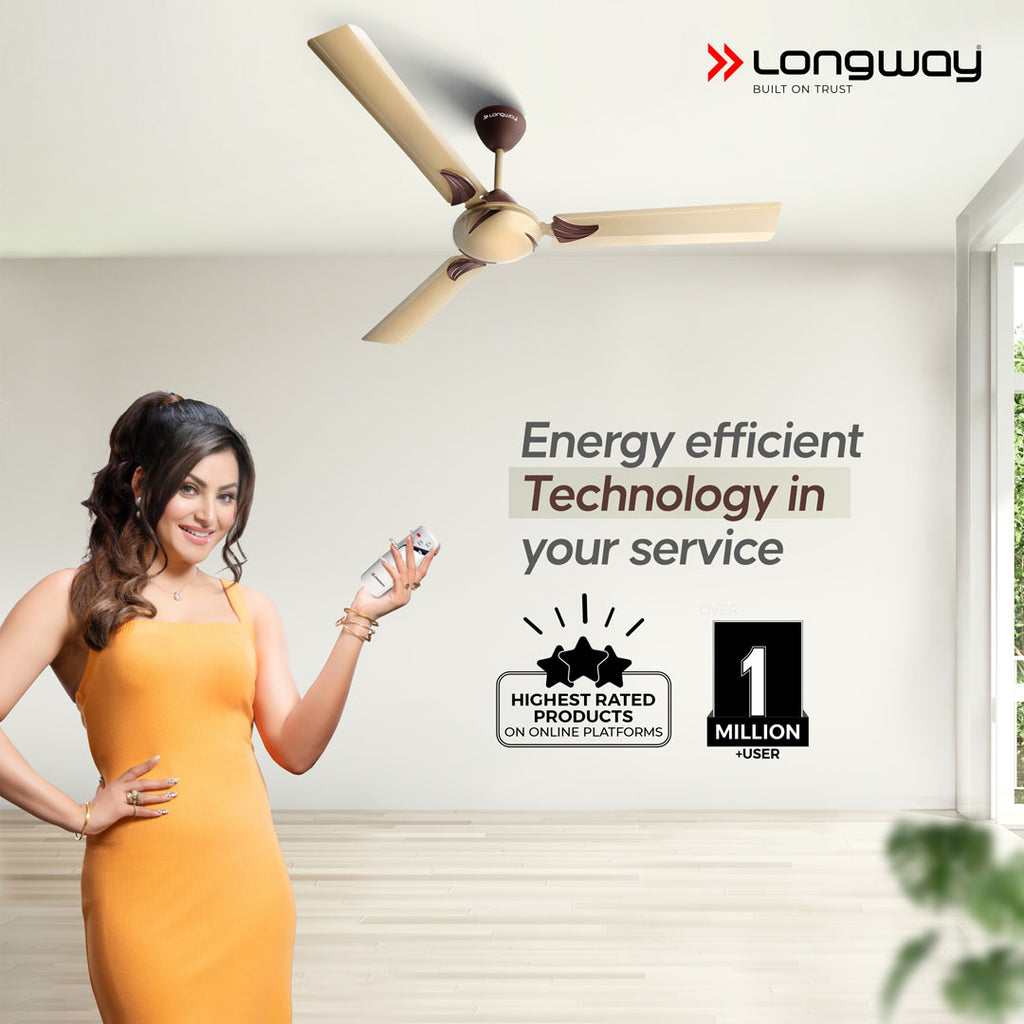 Longway Creta P2 1200 mm/48 inch Remote Controlled 3 Blade Anti-Dust Decorative Star Rated Ceiling Fan (Golden/Rusty Brown, Pack of 2)